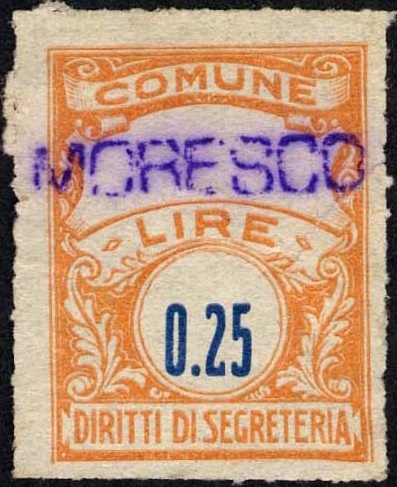 Marca da Bollo del Comune di MORESCO su Carta Bianca di dimensioni 22,5 x 29 mm