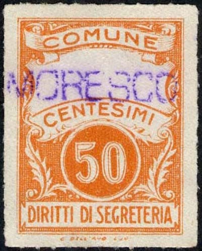 Marca da Bollo del Comune di MORESCO su Carta Bianca di dimensioni 22,5 x 29 mm