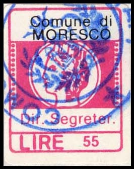 Marca da Bollo del Comune di MORESCO su Carta Bianca di dimensioni 15,5 x 20 mm