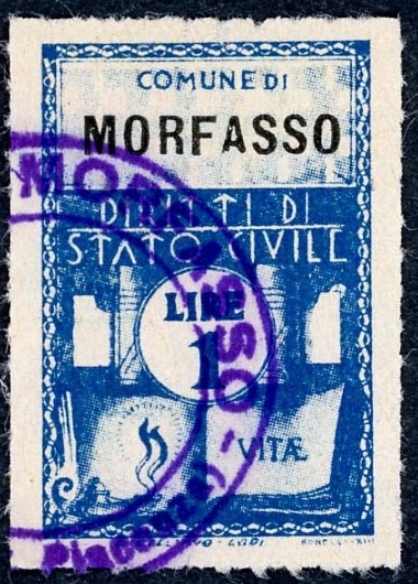 Marca da Bollo del Comune di MORFASSO su Carta Bianca Sottile di dimensioni 21 x 31 mm