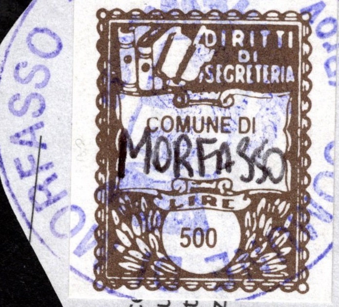 Marca da Bollo del Comune di MORFASSO su Carta Bianca di dimensioni 15 x 21 mm