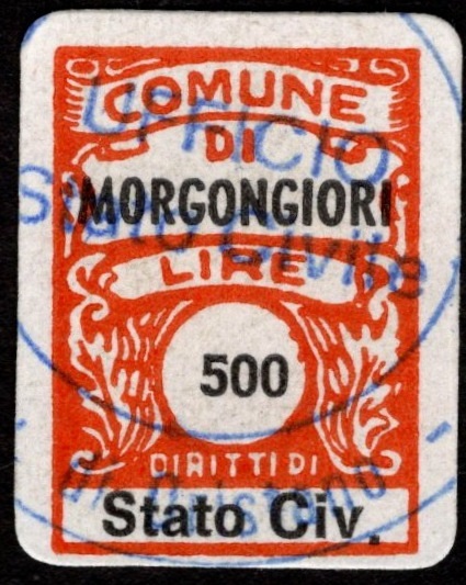 Marca da Bollo del Comune di MORGONGIORI su Carta Bianca di dimensioni 16 x 22 mm