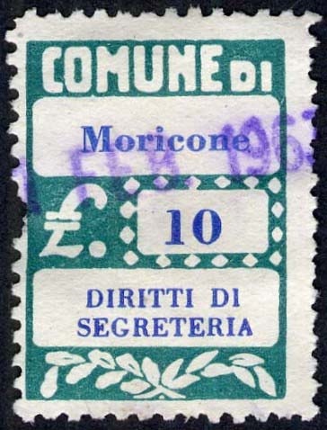 Marca da Bollo del Comune di MORICONE su Carta Bianca Sottile di dimensioni 20 x 28 mm