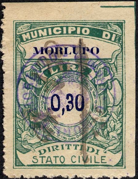 Marca da Bollo del Comune di MORLUPO su Carta Bianca di dimensioni 25,5 x 34 mm