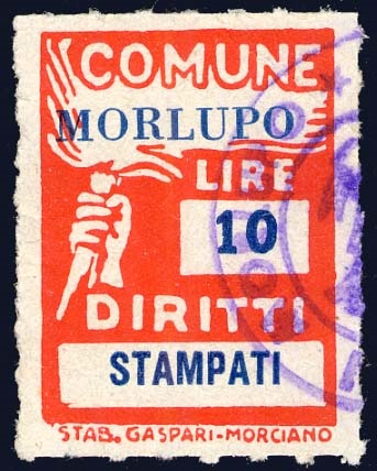 Marca da Bollo del Comune di MORLUPO su Carta Bianca Sottile di dimensioni 18,5 x 26 mm