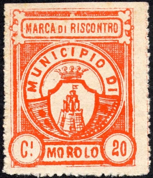 Marca da Bollo del Comune di MOROLO su Carta Bianca Sottile di dimensioni 28 x 35 mm