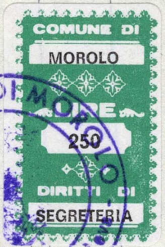 Marca da Bollo del Comune di MOROLO su Carta Bianca di dimensioni 19,5 x 32 mm