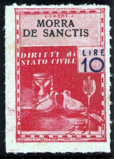 Marca da Bollo del Comune di MORRA DE SANCTIS su Carta Bianca Sottile di dimensioni 21,5 x 32 mm