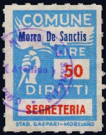 Marca da Bollo del Comune di MORRA DE SANCTIS su Carta Bianca Sottile di dimensioni 19,5 x 26 mm