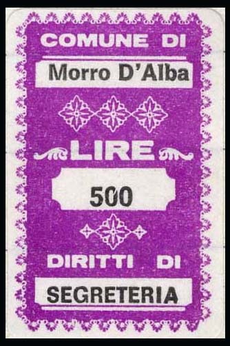 Marca da Bollo del Comune di MORRO D´ALBA su Carta Bianca di dimensioni 19,5 x 32 mm