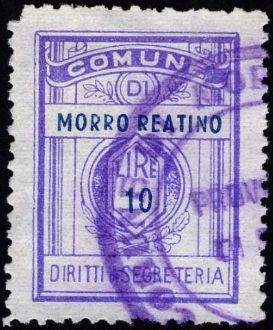 Marca da Bollo del Comune di MORRO REATINO su Carta Bianca di dimensioni 21,5 x 28,5 mm
