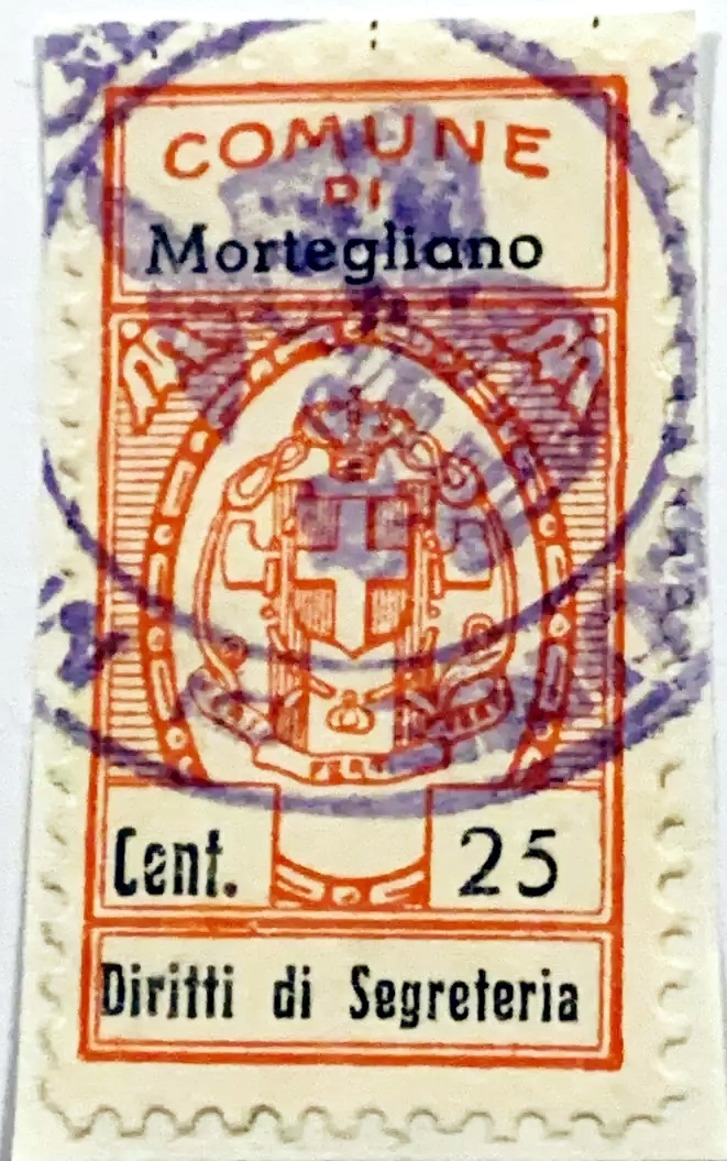 Marca da Bollo del Comune di MORTEGLIANO su Carta Bianca Sottile di dimensioni 21 x 40 mm