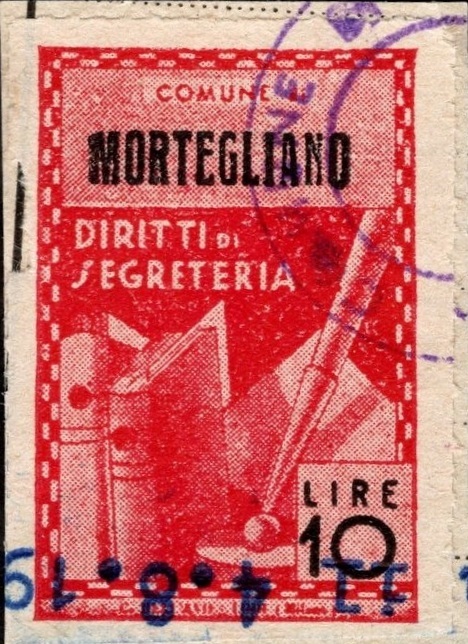 Marca da Bollo del Comune di MORTEGLIANO su Carta Bianca Sottile di dimensioni 21 x 31,5 mm