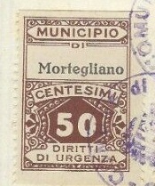 Marca da Bollo del Comune di MORTEGLIANO su Carta Bianca di dimensioni 22 x 28 mm