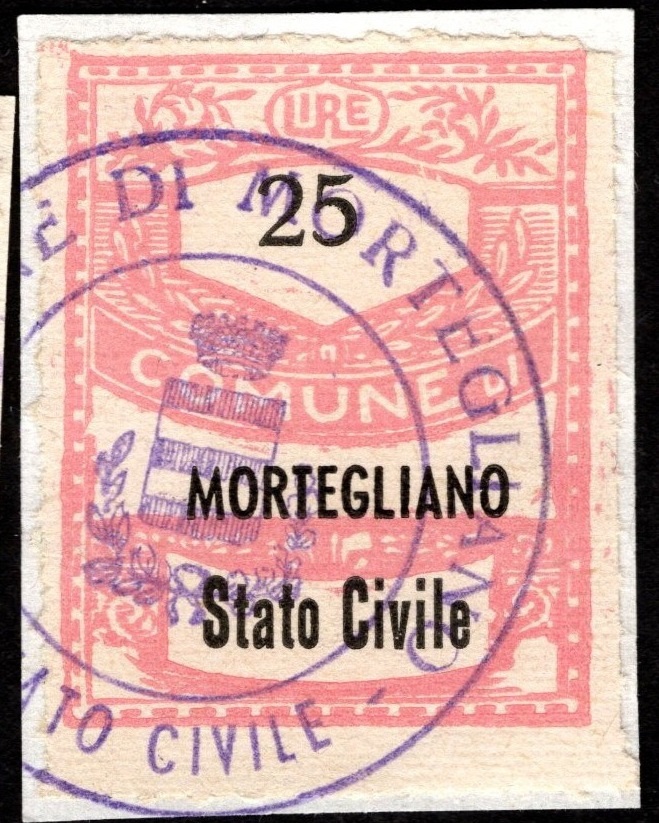 Marca da Bollo del Comune di MORTEGLIANO su Carta Bianca di dimensioni 22 x 28 mm