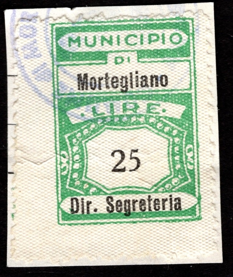 Marca da Bollo del Comune di MORTEGLIANO su Carta Bianca di dimensioni 22 x 28 mm