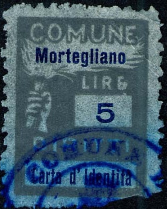 Marca da Bollo del Comune di MORTEGLIANO su Carta Bianca Sottile di dimensioni 18,5 x 26 mm