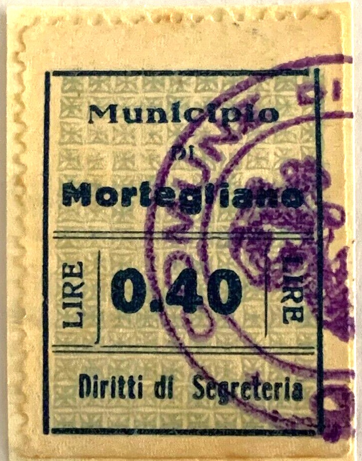 Marca da Bollo del Comune di MORTEGLIANO su Carta Bianca Sottile di dimensioni 18,5 x 26 mm
