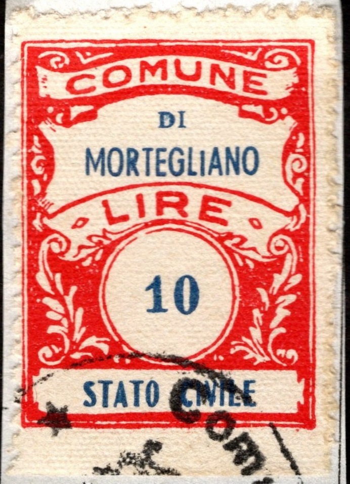 Marca da Bollo del Comune di MORTEGLIANO su Carta Bianca Sottile di dimensioni 18,5 x 26 mm