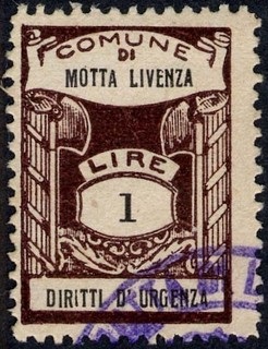 Marca da Bollo del Comune di MOTTA DI LIVENZA su Carta Bianca di dimensioni 20 x 28 mm