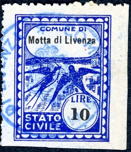 Marca da Bollo del Comune di MOTTA DI LIVENZA su Carta Bianca di dimensioni 22,5 x 29 mm