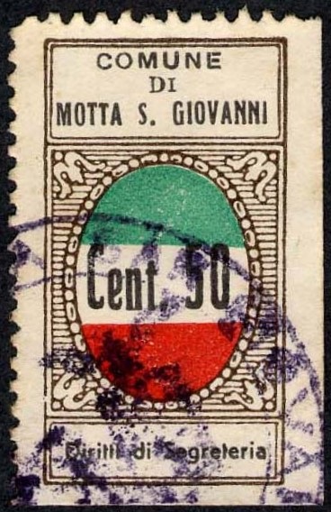 Marca da Bollo del Comune di MOTTA SAN GIOVANNI su Carta Bianca di dimensioni 17,5 x 33,5 mm
