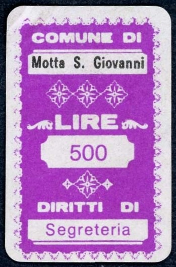 Marca da Bollo del Comune di MOTTA SAN GIOVANNI su Carta Bianca di dimensioni 20 x 32 mm