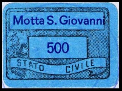 Marca da Bollo del Comune di MOTTA SAN GIOVANNI su Carta Bianca di dimensioni 24 x 17 mm