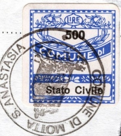 Marca da Bollo del Comune di MOTTA SANT´ANASTASIA su Carta Bianca di dimensioni 20 x 22 mm