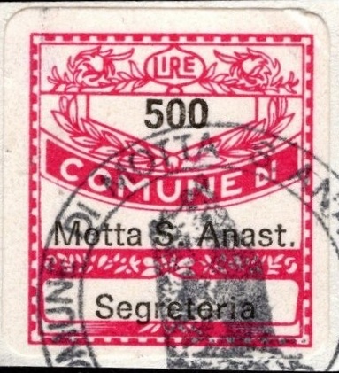 Marca da Bollo del Comune di MOTTA SANT´ANASTASIA su Carta Bianca di dimensioni 20 x 22 mm