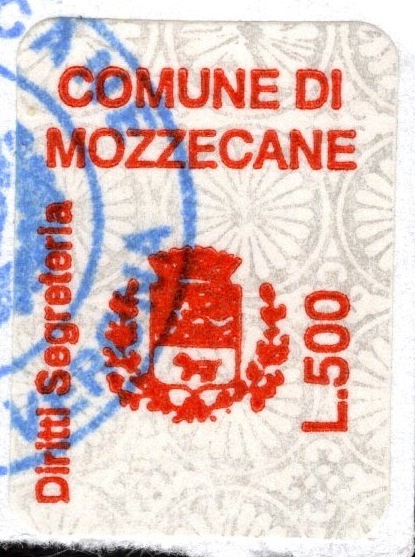 Marca da Bollo del Comune di MOZZECANE su Carta Bianca di dimensioni 16 x 22 mm