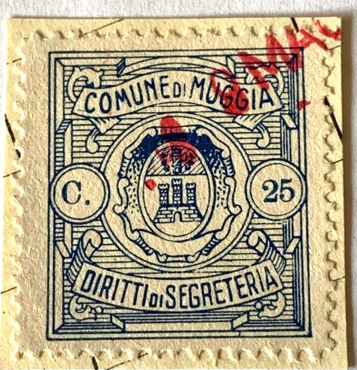 Marca da Bollo del Comune di MUGGIA su Carta Bianca Sottile di dimensioni 23 x 26 mm