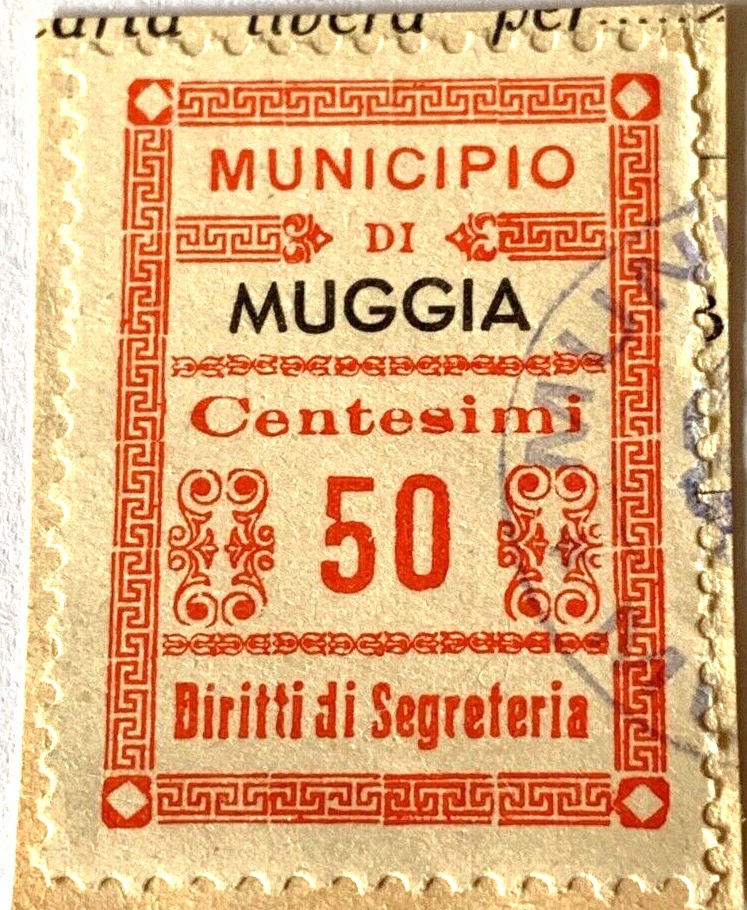 Marca da Bollo del Comune di MUGGIA su Carta Bianca Sottile di dimensioni 22 x 31 mm