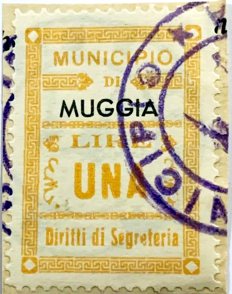 Marca da Bollo del Comune di MUGGIA su Carta Bianca Sottile di dimensioni 22 x 31 mm