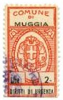 Marca da Bollo del Comune di MUGGIA su Carta Bianca di dimensioni 17,5 x 32,5 mm