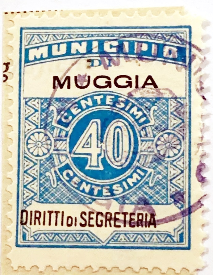 Marca da Bollo del Comune di MUGGIA su Carta Bianca di dimensioni 22,5 x 29 mm