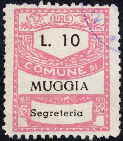 Marca da Bollo del Comune di MUGGIA su Carta Bianca Sottile di dimensioni 21,5 x 28 mm