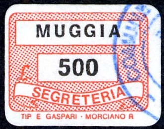 Marca da Bollo del Comune di MUGGIA su Carta Bianca di dimensioni 19 x 14 mm