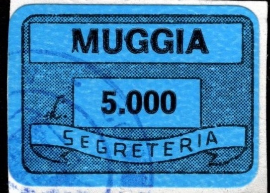 Marca da Bollo del Comune di MUGGIA su Carta Bianca di dimensioni 19 x 14 mm