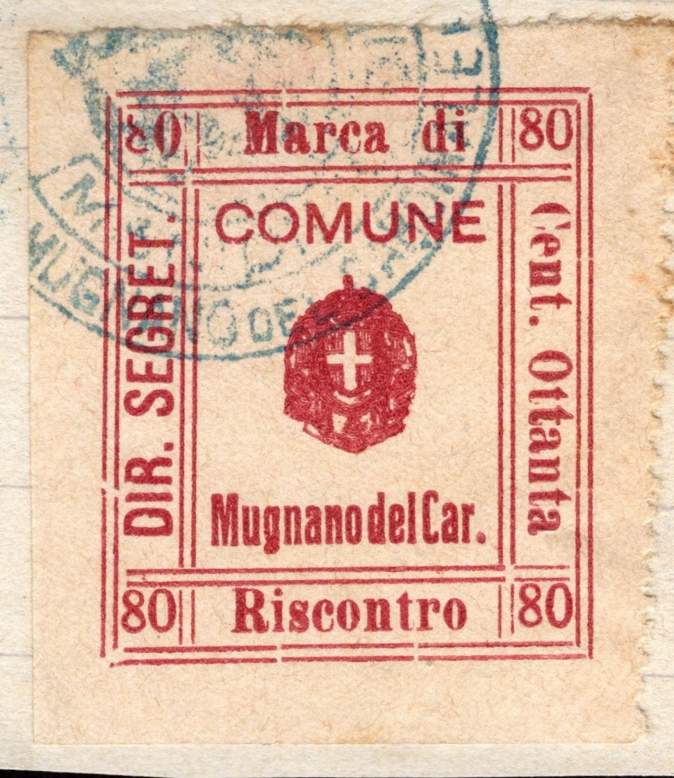 Marca da Bollo del Comune di MUGNANO DEL CARDINALE su Carta Bianca di dimensioni 25 x 28 mm