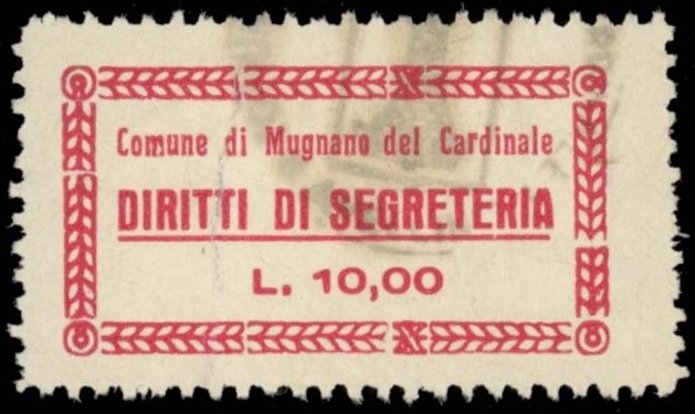 Marca da Bollo del Comune di MUGNANO DEL CARDINALE su Carta Bianca di dimensioni 35 x 14 mm