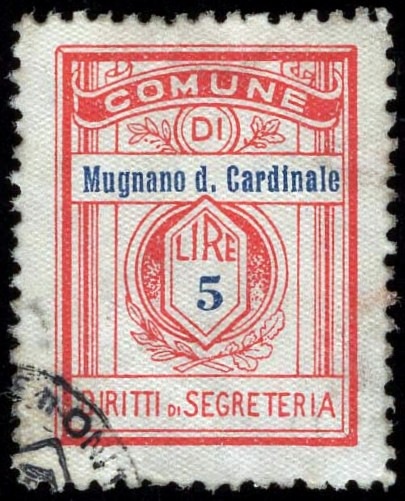 Marca da Bollo del Comune di MUGNANO DEL CARDINALE su Carta Bianca di dimensioni 21,5 x 28,5 mm