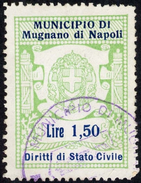 Marca da Bollo del Comune di MUGNANO DI NAPOLI su Carta Bianca di dimensioni 23 x 29 mm