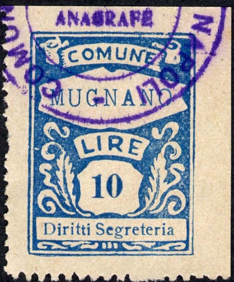 Marca da Bollo del Comune di MUGNANO DI NAPOLI su Carta Bianca di dimensioni 22,5 x 30,5 mm