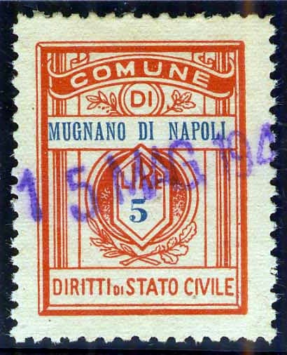 Marca da Bollo del Comune di MUGNANO DI NAPOLI su Carta Bianca di dimensioni 21,5 x 28,5 mm