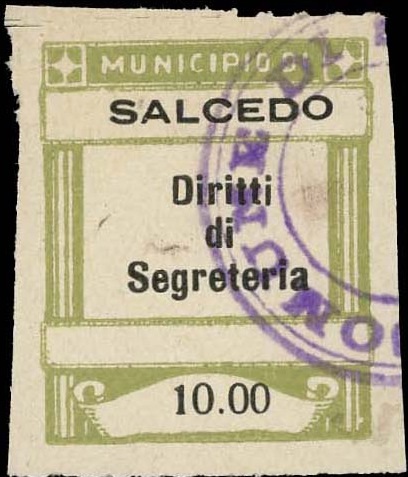 Marca da Bollo del Comune di SALCEDO su Carta Bianca di dimensioni 22,5 x 28 mm