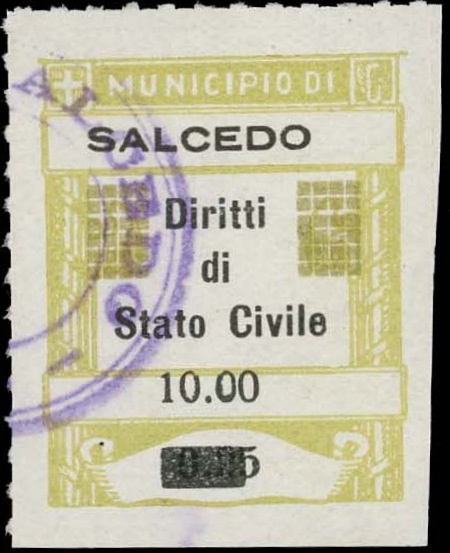 Marca da Bollo del Comune di SALCEDO su Carta Arancione di dimensioni 18 x 28 mm