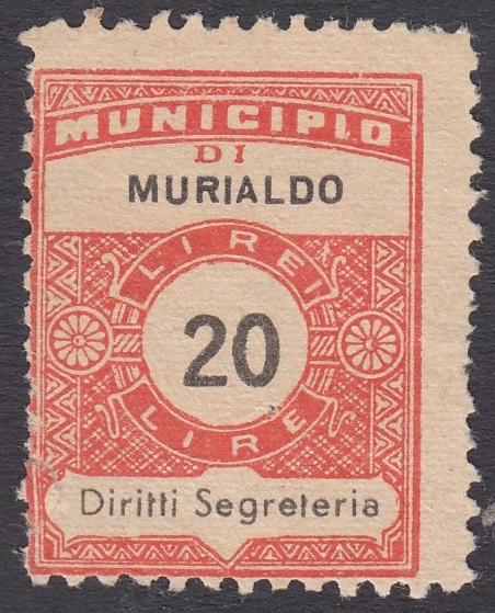 Marca da Bollo del Comune di MURIALDO su Carta Bianca Sottile di dimensioni 22 x 28,5 mm