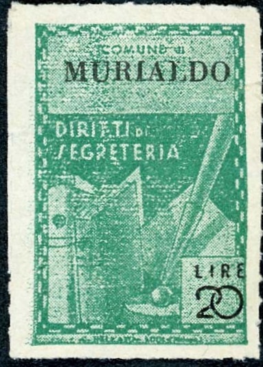 Marca da Bollo del Comune di MURIALDO su Carta Bianca Sottile di dimensioni 21,5 x 32,5 mm