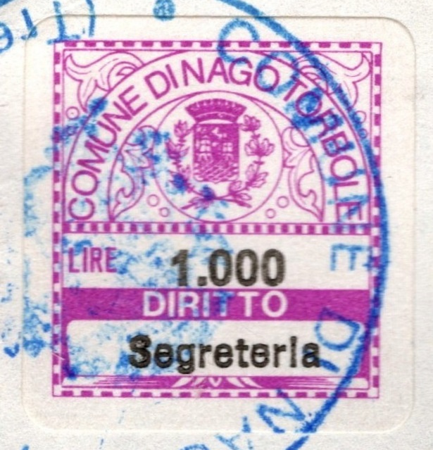 Marca da Bollo del Comune di NAGO TORBOLE su Carta Bianca di dimensioni 20 x 20 mm